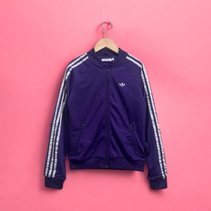 Adidas Y2K 經典三條紋口袋拉鍊運動外套  落肩立領夾克 紫 女 S 36  vintage 魷魚遊戲-1