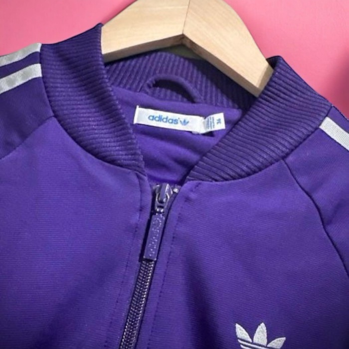 Adidas Y2K 經典三條紋口袋拉鍊運動外套  落肩立領夾克 紫 女 S 36  vintage 魷魚遊戲-3