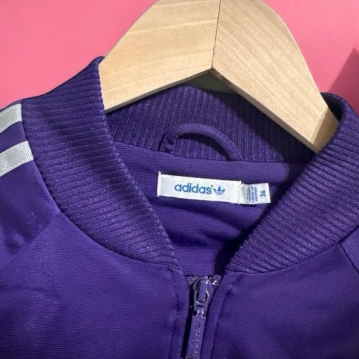 Adidas Y2K 經典三條紋口袋拉鍊運動外套  落肩立領夾克 紫 女 S 36  vintage 魷魚遊戲-4