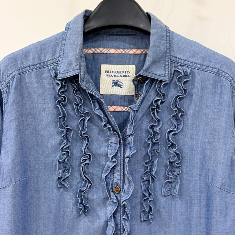BURBERRY 藍標 荷葉滾邊天絲寬擺牛仔上衣-3