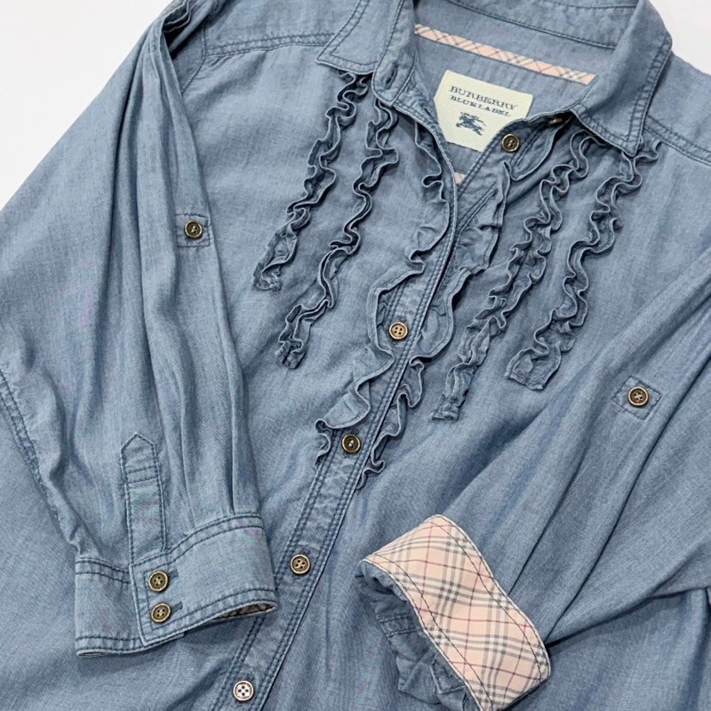 BURBERRY 藍標 荷葉滾邊天絲寬擺牛仔上衣-4