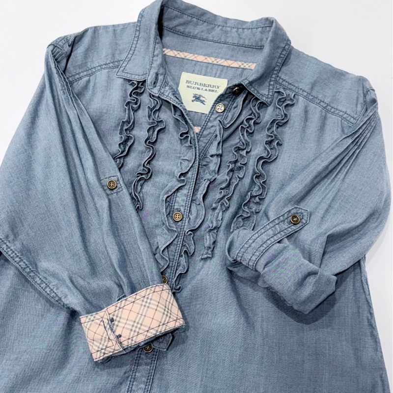 BURBERRY 藍標 荷葉滾邊天絲寬擺牛仔上衣-5
