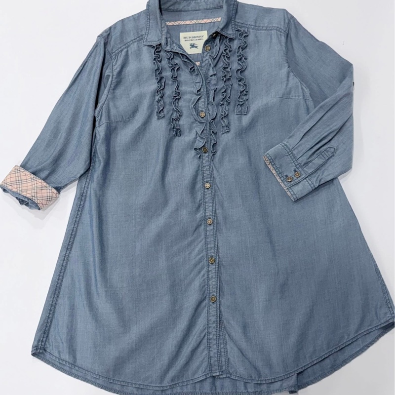 BURBERRY 藍標 荷葉滾邊天絲寬擺牛仔上衣-6