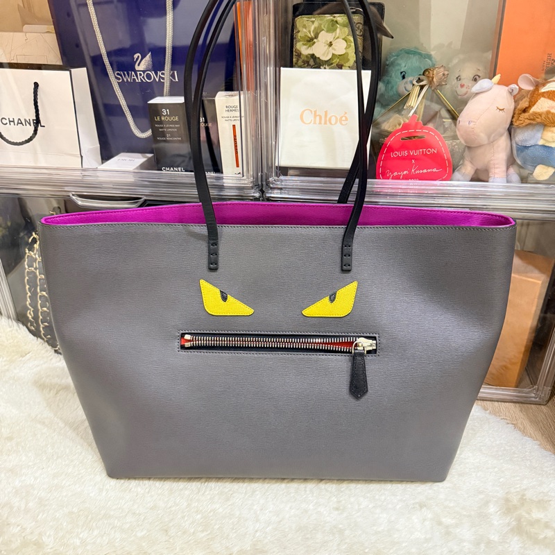Fendi 怪獸托特包 可肩背 灰色 不重 好-0