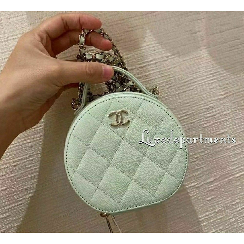 CHANEL 頂部手柄圓形包 魚子醬金箔薄荷鈴鼓包 盒子包-0