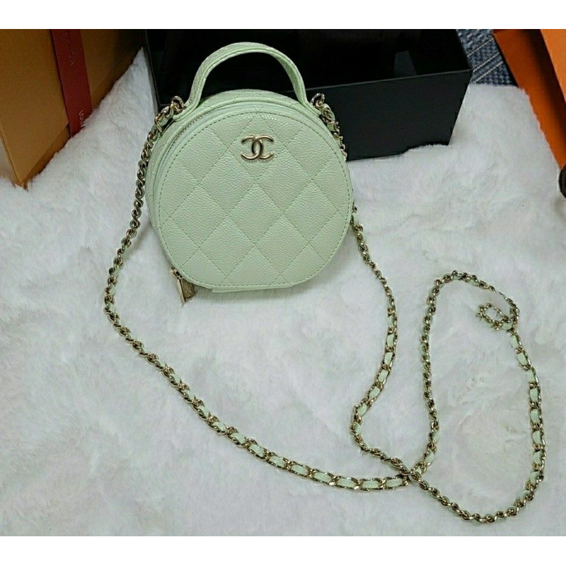 CHANEL 頂部手柄圓形包 魚子醬金箔薄荷鈴鼓包 盒子包-11