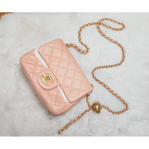CHANEL Petit Sac Gold Ball Vintage Gold Quilted Chip in Peach Pink