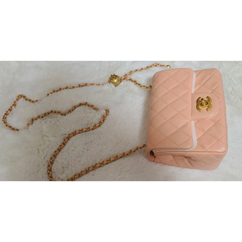 CHANEL Petit Sac Gold Ball Vintage Gold Quilted Chip in Peach Pink-1