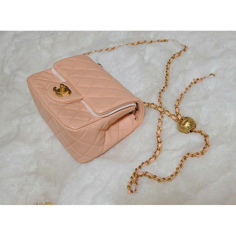 CHANEL Petit Sac Gold Ball Vintage Gold Quilted Chip in Peach Pink-6