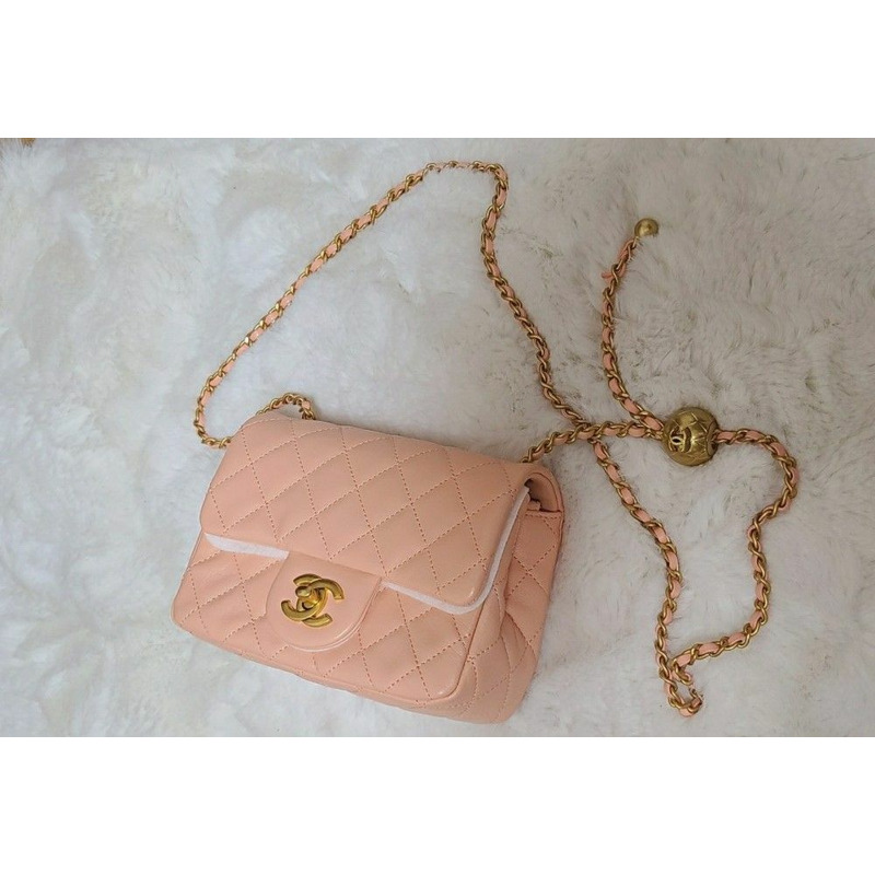 CHANEL Petit Sac Gold Ball Vintage Gold Quilted Chip in Peach Pink-8