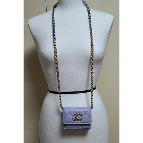 CHANEL 19卡位紫色風琴式斜挎皮夾零皮夾鏈條皮夾