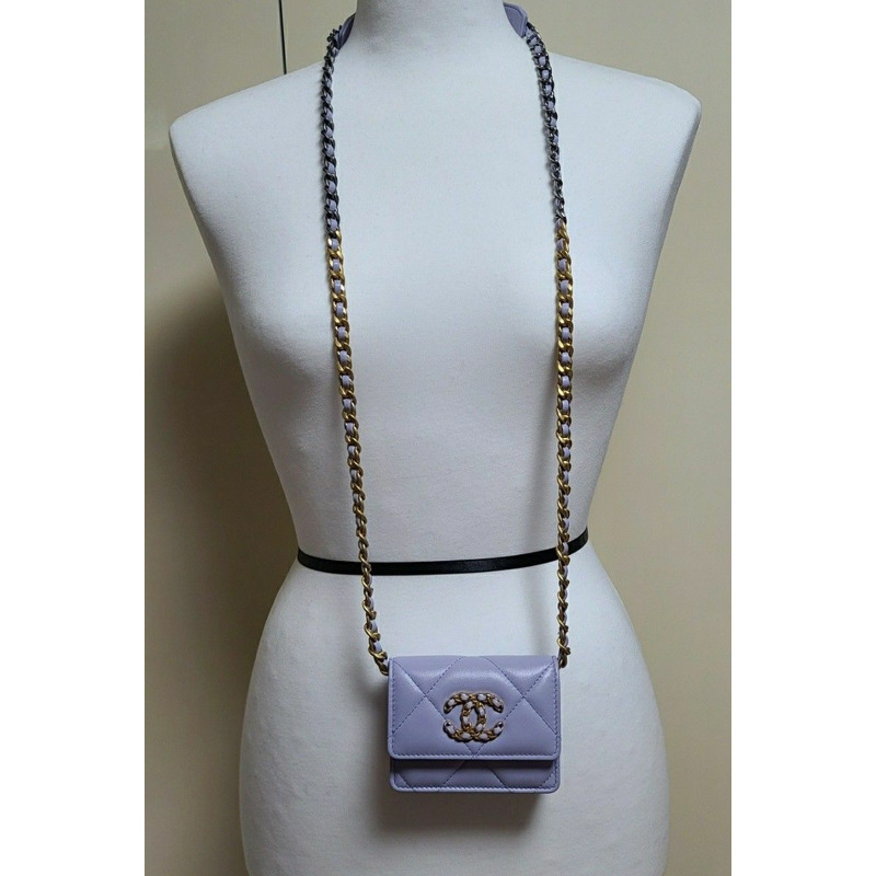 CHANEL 19卡位紫色風琴式斜挎皮夾零皮夾鏈條皮夾-0