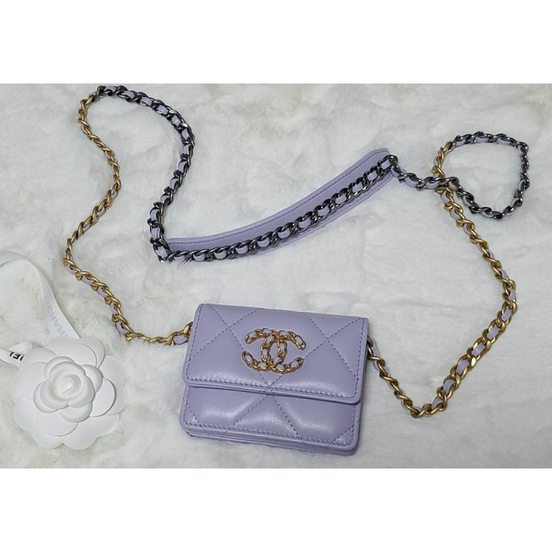 CHANEL 19卡位紫色風琴式斜挎皮夾零皮夾鏈條皮夾-2