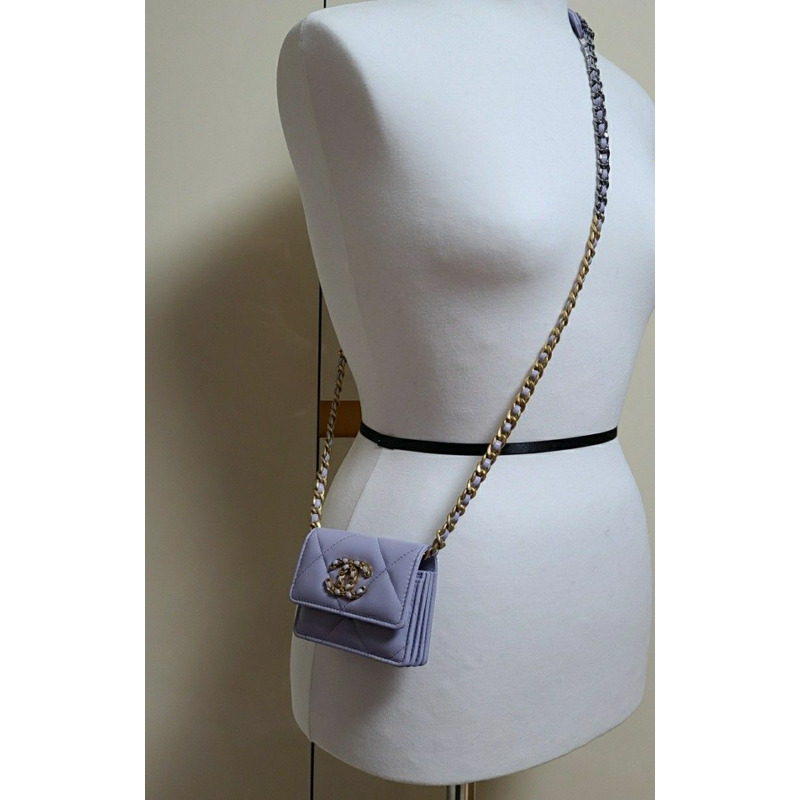 CHANEL 19卡位紫色風琴式斜挎皮夾零皮夾鏈條皮夾-9