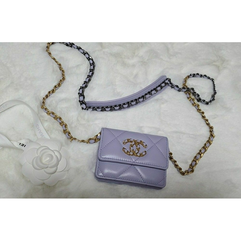 CHANEL 19卡位紫色風琴式斜挎皮夾零皮夾鏈條皮夾-11