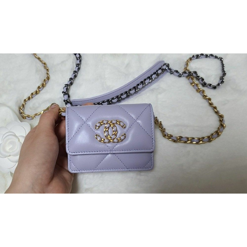 CHANEL 19卡位紫色風琴式斜挎皮夾零皮夾鏈條皮夾-12