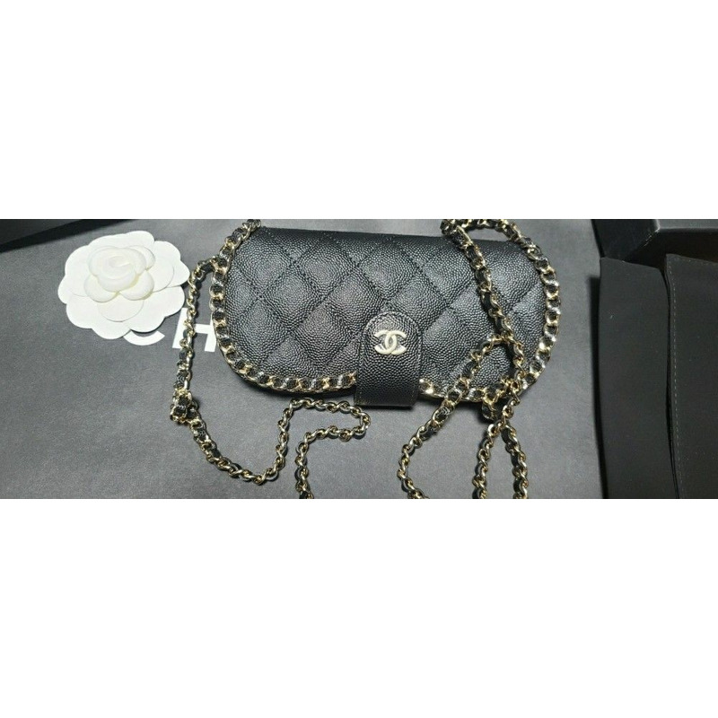 CHANEL 經典魚子醬黑色香巴拉鏈條包太陽眼鏡盒，可拆卸肩帶-10