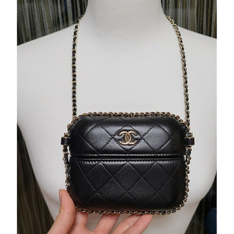 CHANEL 鏈條迷你包盒包鏈條皮夾黑色可拆式蓋鯊革化妝包