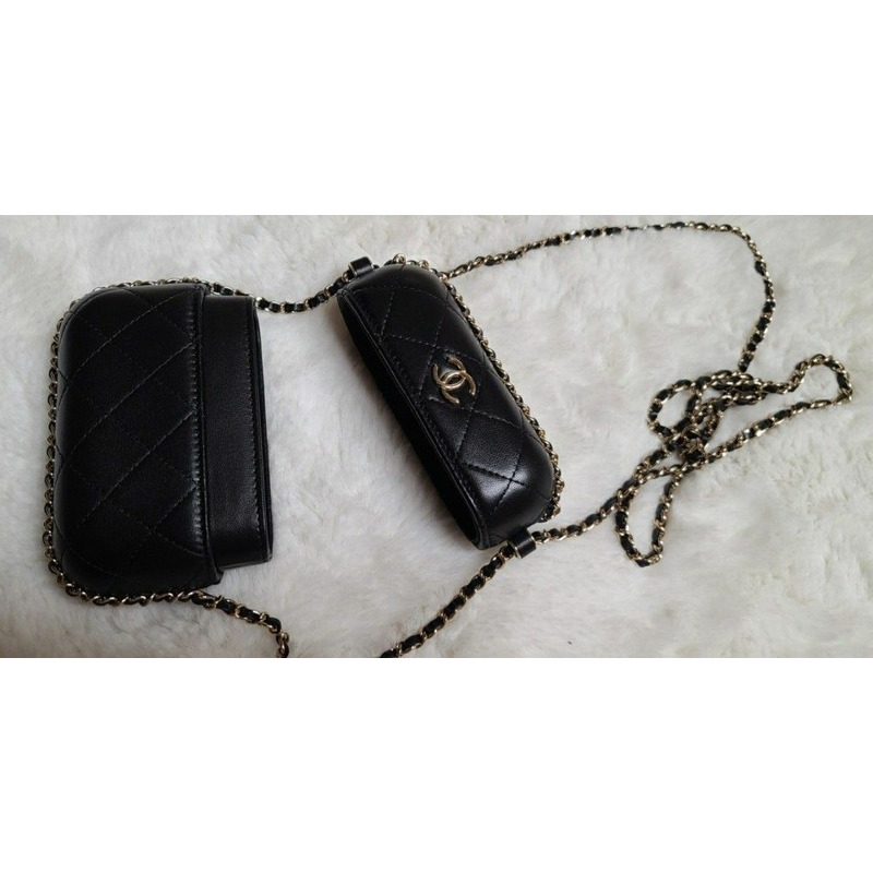 CHANEL 鏈條迷你包盒包鏈條皮夾黑色可拆式蓋鯊革化妝包-7