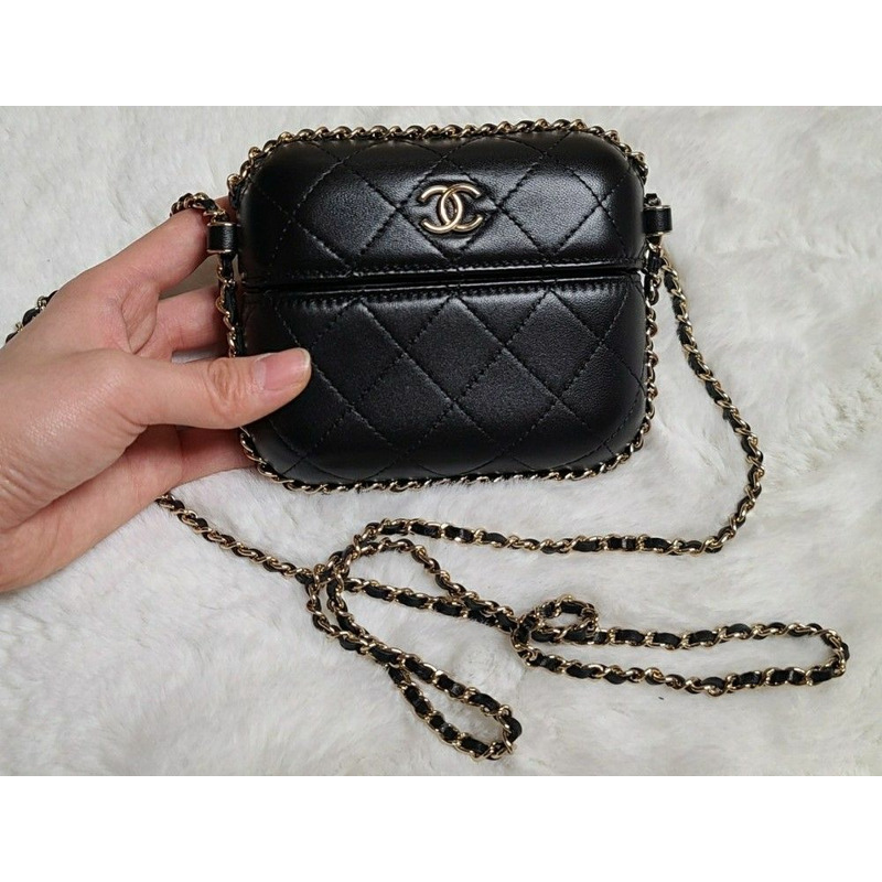 CHANEL 鏈條迷你包盒包鏈條皮夾黑色可拆式蓋鯊革化妝包-10