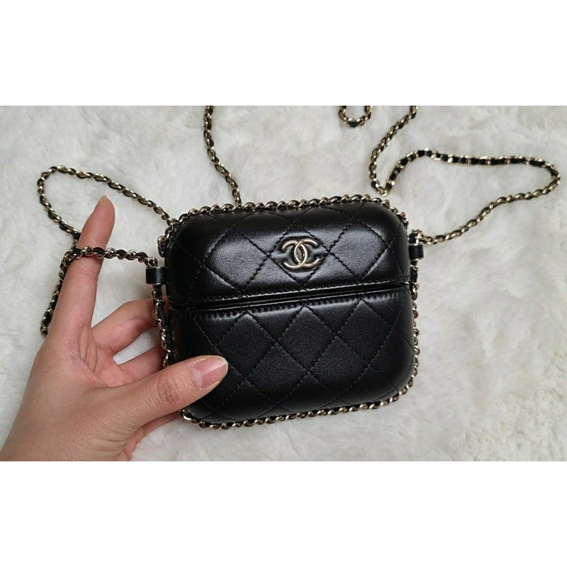 CHANEL 鏈條迷你包盒包鏈條皮夾黑色可拆式蓋鯊革化妝包-11