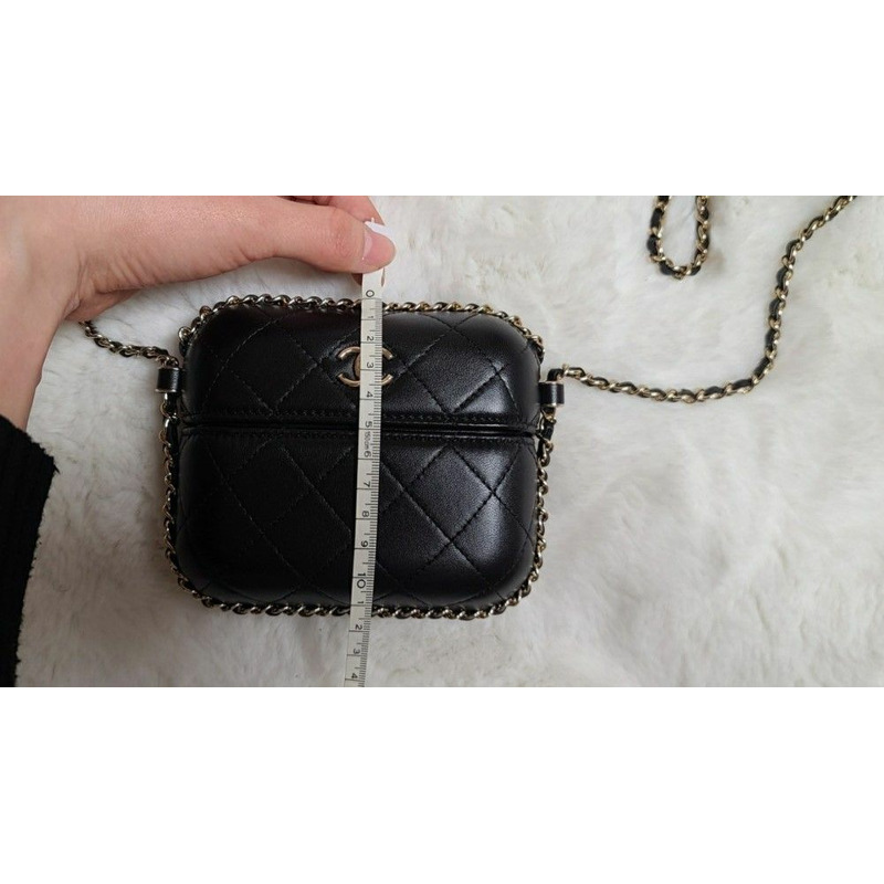 CHANEL 鏈條迷你包盒包鏈條皮夾黑色可拆式蓋鯊革化妝包-14