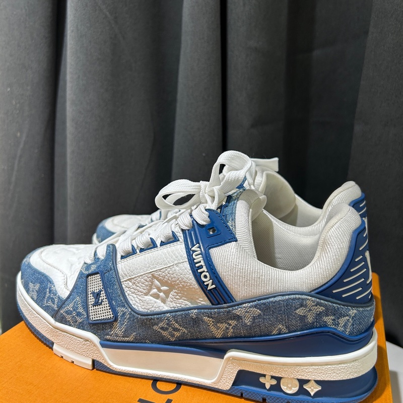 LOUIS+VUITTON+Trainer 牛仔布皮革 休閒 低幫時尚板鞋 男款 41碼牛仔藍白配色-1