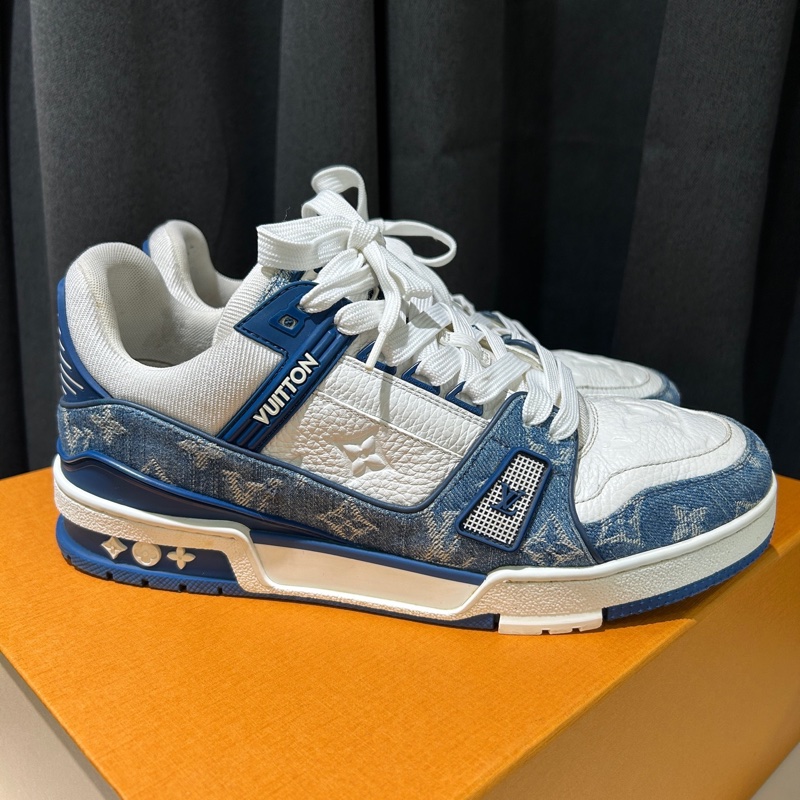 LOUIS+VUITTON+Trainer 牛仔布皮革 休閒 低幫時尚板鞋 男款 41碼牛仔藍白配色-3