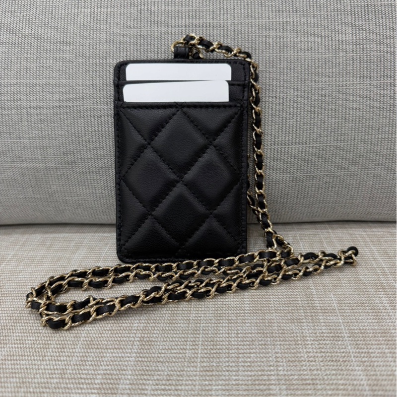 香奈兒 絎縫羊皮鏈條卡包 證件夾 通行證夾 黑色-3