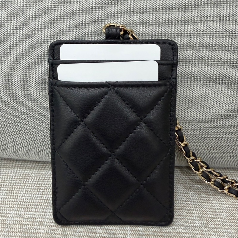 香奈兒 絎縫羊皮鏈條卡包 證件夾 通行證夾 黑色-5