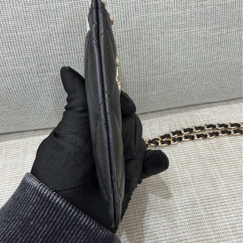 香奈兒 絎縫羊皮鏈條卡包 證件夾 通行證夾 黑色-6