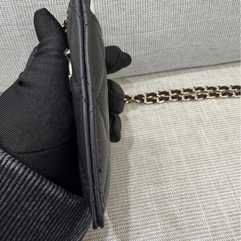 香奈兒 絎縫羊皮鏈條卡包 證件夾 通行證夾 黑色-7