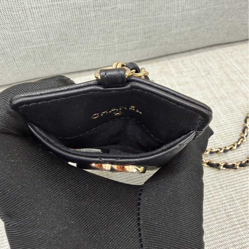 香奈兒 絎縫羊皮鏈條卡包 證件夾 通行證夾 黑色-13