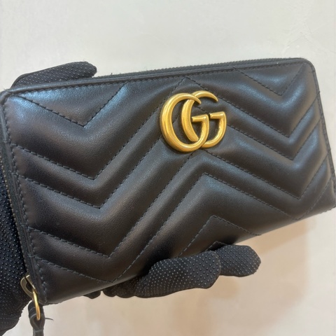 Gucci GG mormont黑牛皮金扣拉鍊長夾