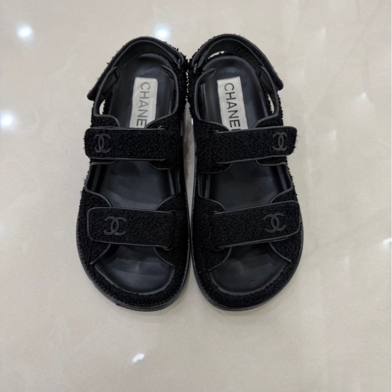 CHANEL 香奈兒經典雙C LOGOG毛呢魔術貼涼鞋黑色-0