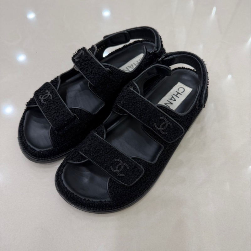 CHANEL 香奈兒經典雙C LOGOG毛呢魔術貼涼鞋黑色-2