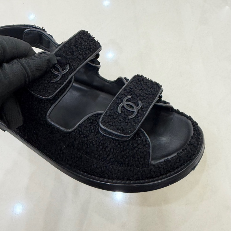 CHANEL 香奈兒經典雙C LOGOG毛呢魔術貼涼鞋黑色-4