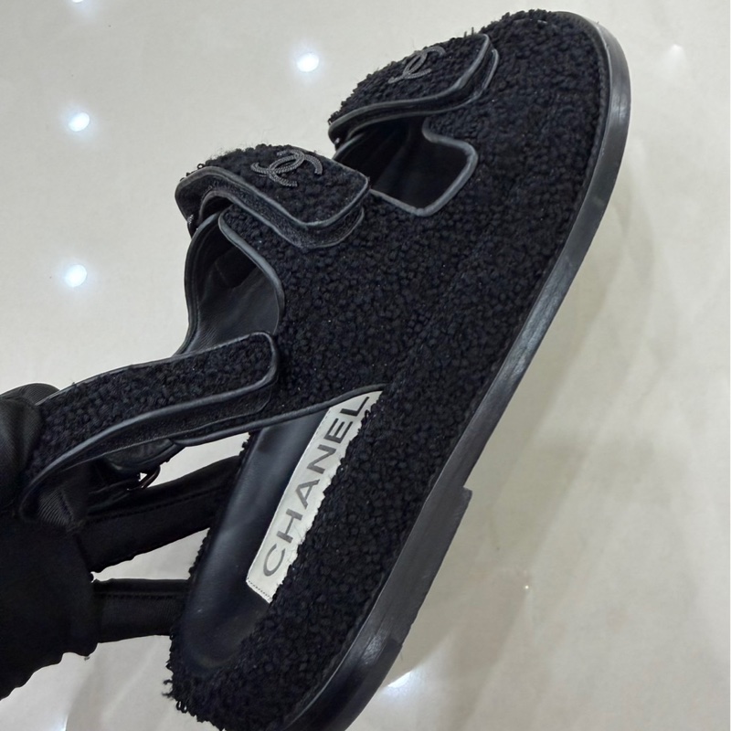 CHANEL 香奈兒經典雙C LOGOG毛呢魔術貼涼鞋黑色-5