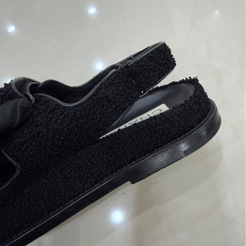 CHANEL 香奈兒經典雙C LOGOG毛呢魔術貼涼鞋黑色-7