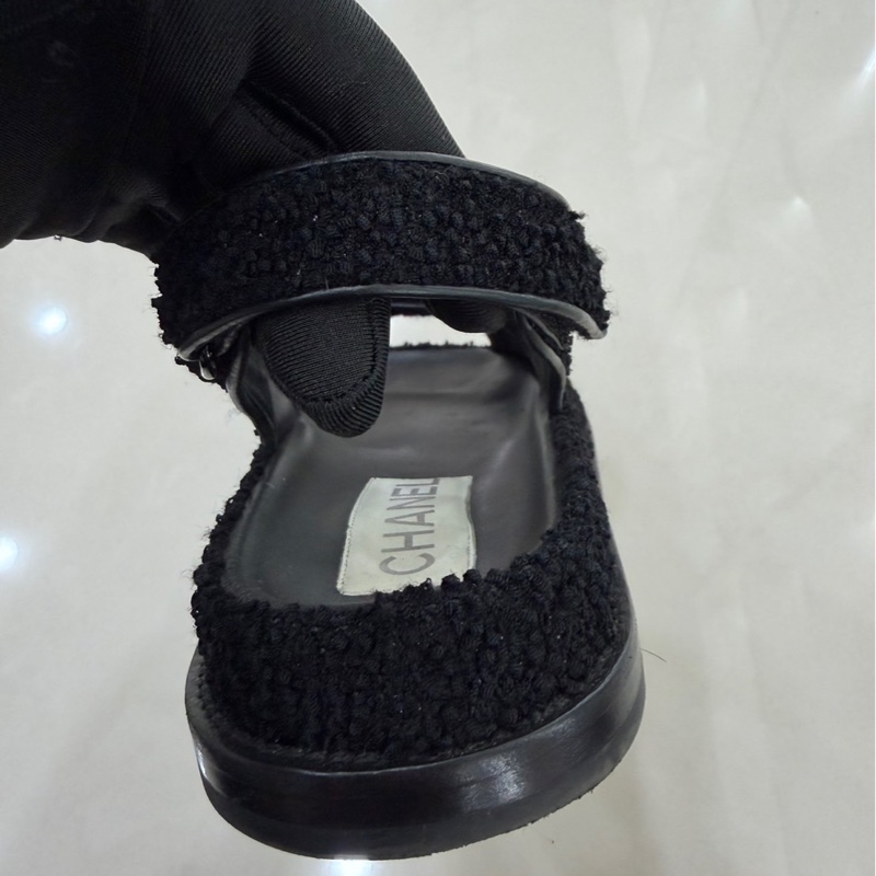 CHANEL 香奈兒經典雙C LOGOG毛呢魔術貼涼鞋黑色-9