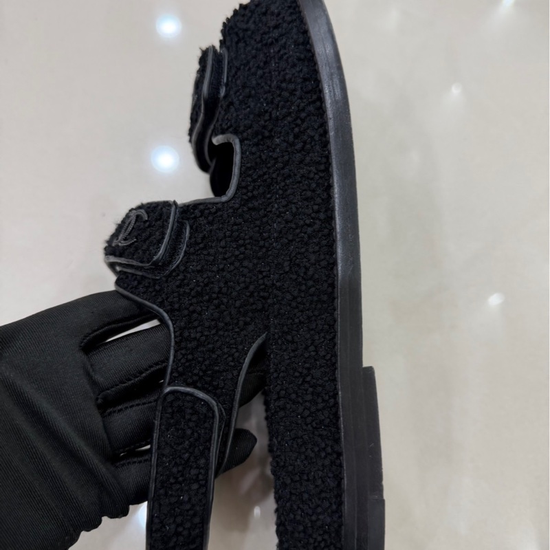 CHANEL 香奈兒經典雙C LOGOG毛呢魔術貼涼鞋黑色-10
