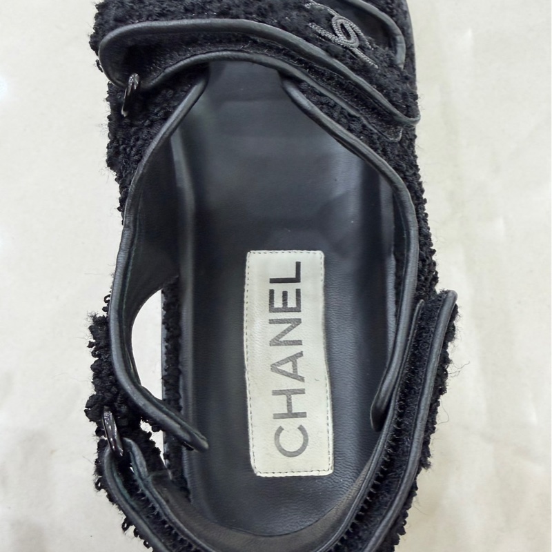 CHANEL 香奈兒經典雙C LOGOG毛呢魔術貼涼鞋黑色-15