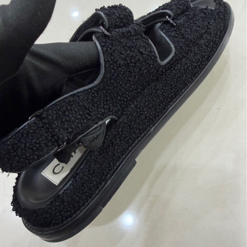 CHANEL 香奈兒經典雙C LOGOG毛呢魔術貼涼鞋黑色-19