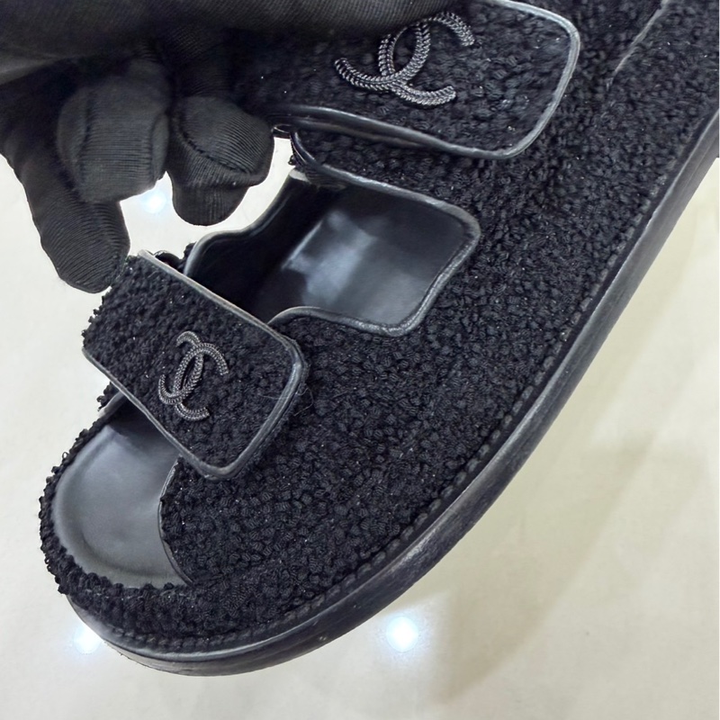 CHANEL 香奈兒經典雙C LOGOG毛呢魔術貼涼鞋黑色-20