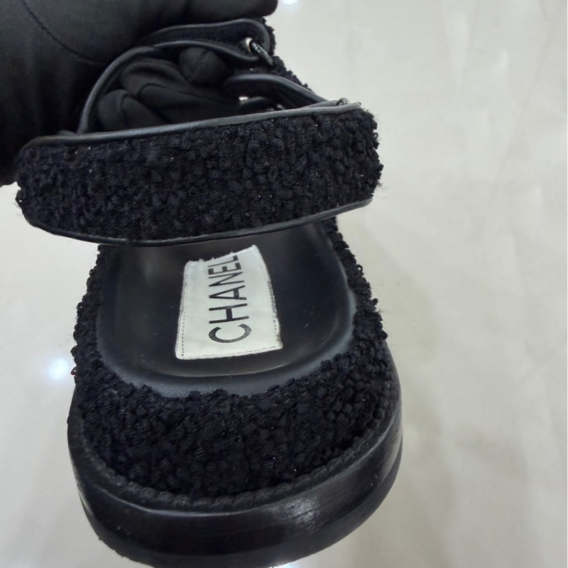 CHANEL 香奈兒經典雙C LOGOG毛呢魔術貼涼鞋黑色-25