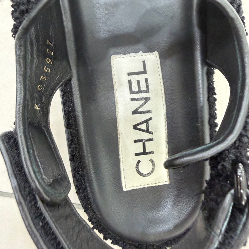 CHANEL 香奈兒經典雙C LOGOG毛呢魔術貼涼鞋黑色-28