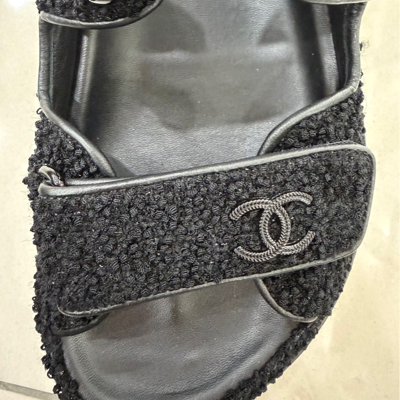 CHANEL 香奈兒經典雙C LOGOG毛呢魔術貼涼鞋黑色-29