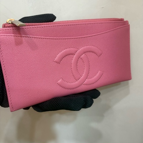 香奈兒 chanel 粉色荔枝皮一字扁長夾