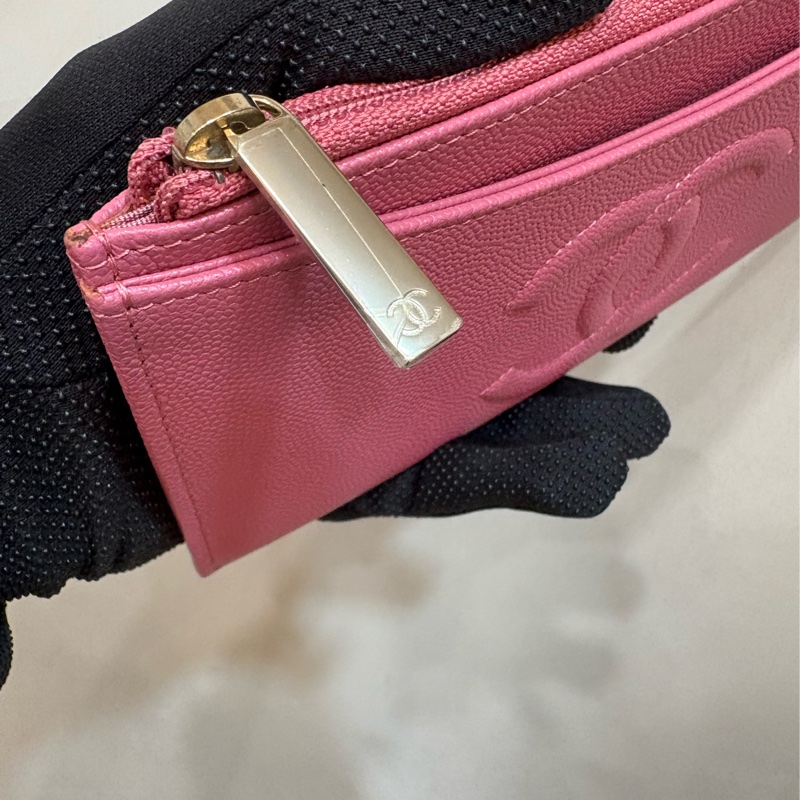 香奈兒 chanel 粉色荔枝皮一字扁長夾-1