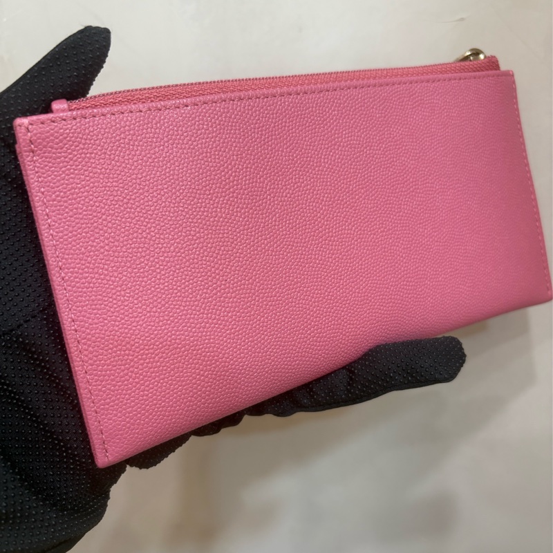 香奈兒 chanel 粉色荔枝皮一字扁長夾-2